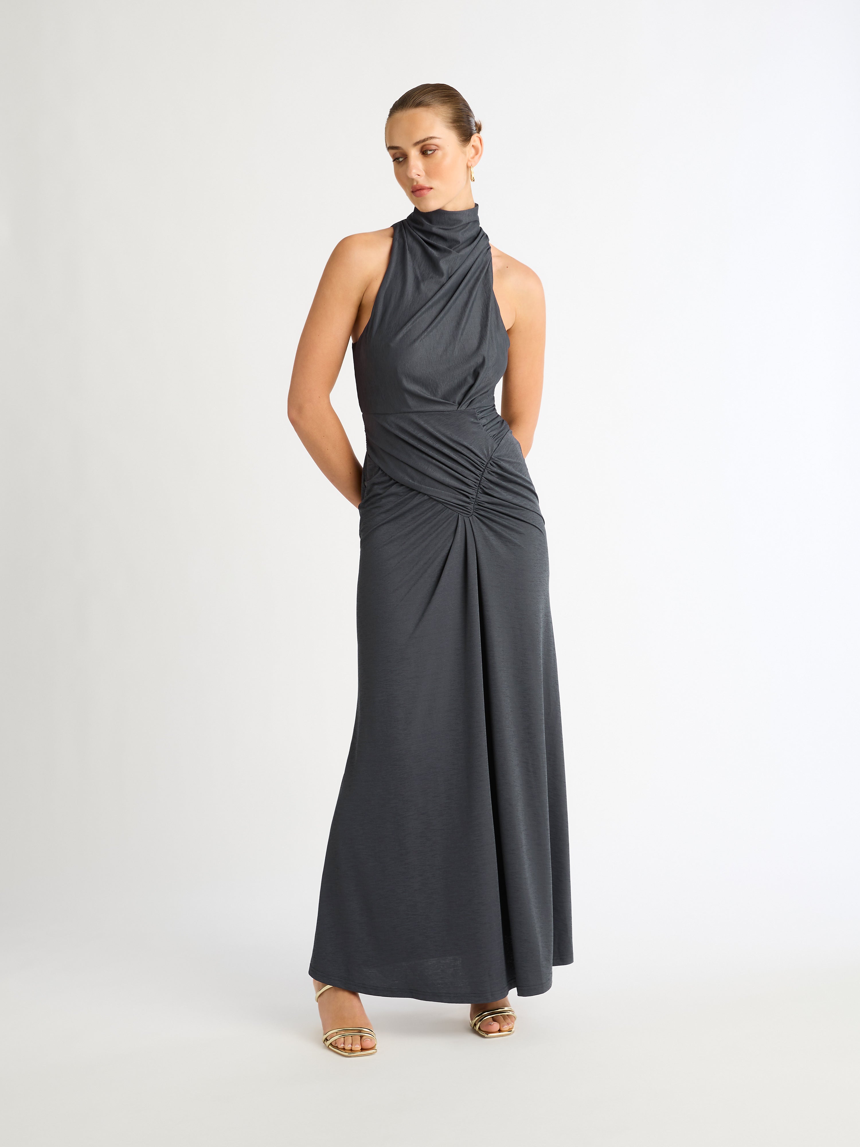 Stretch Satin Spaghetti Strap Asymmetrical Maxi Dress – Eclipse