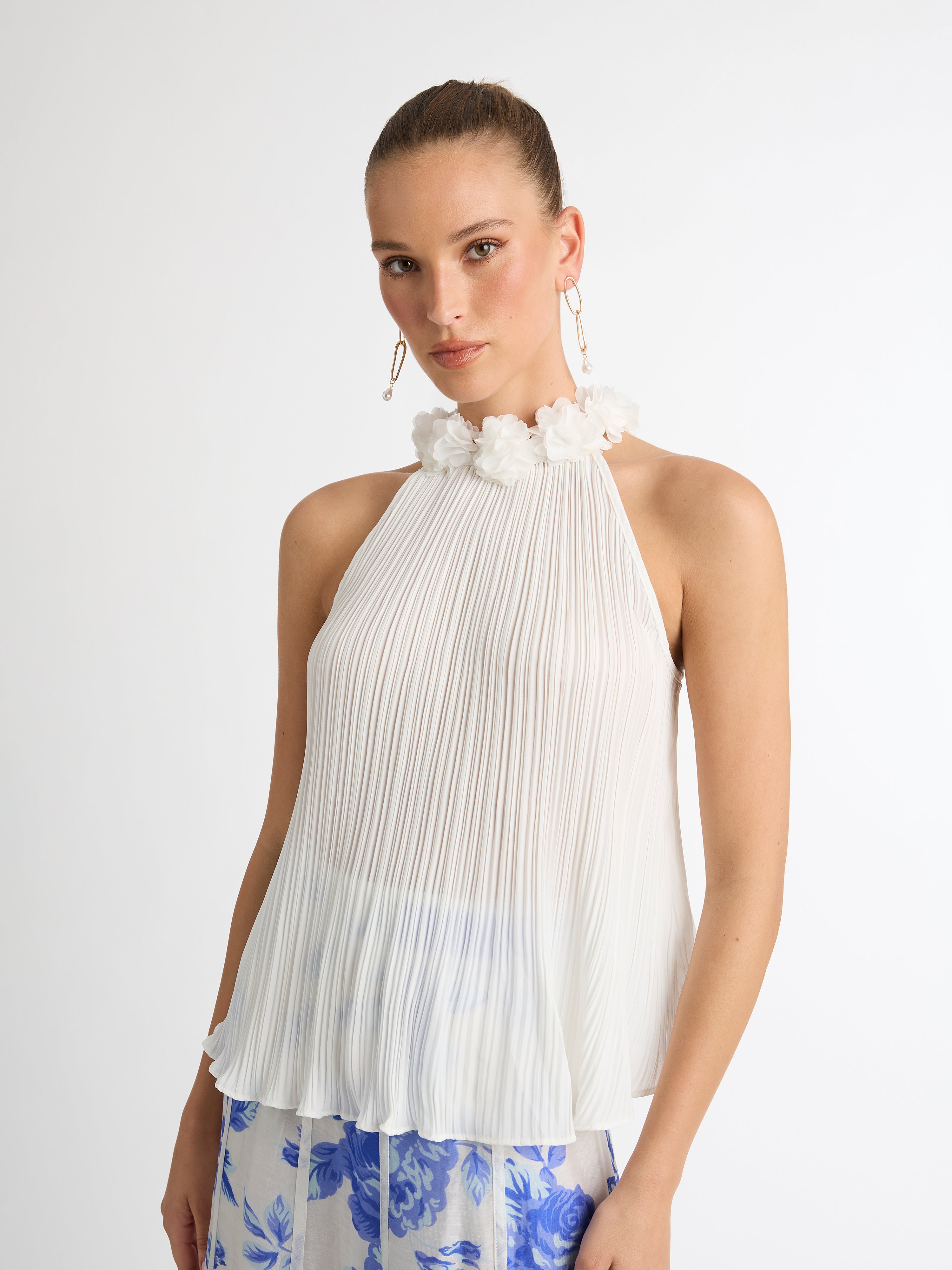 Blossoms Top White, Pleated Halter Neck Top