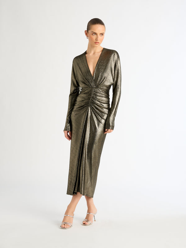 MANHATTAN DRESS IN METALLIC GOLD FRONT IMAGES STYLED