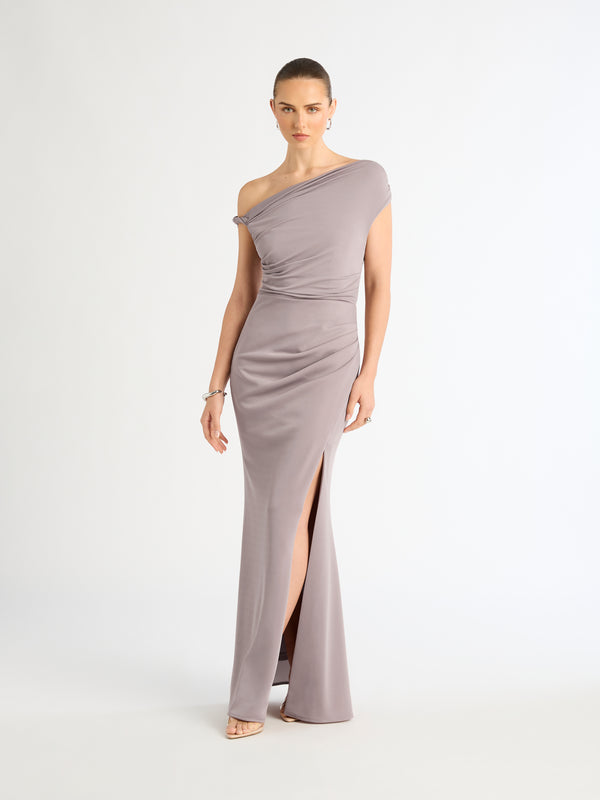 STELLA MAXI DRESS DOVE GREY FRONT IMAGE STYLED
