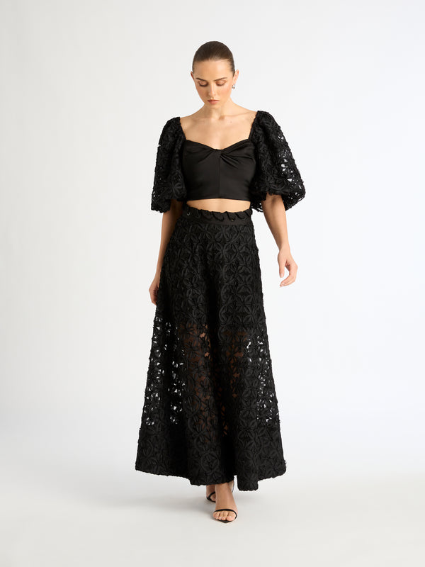 DEVOTION SKIRT IN BLACK LACE FRONT IMAGE STYLED