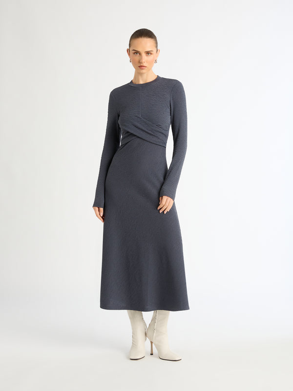 SURRENDER MIDI DRESS IN SLATE GREY FRONT IMAGE STYLED