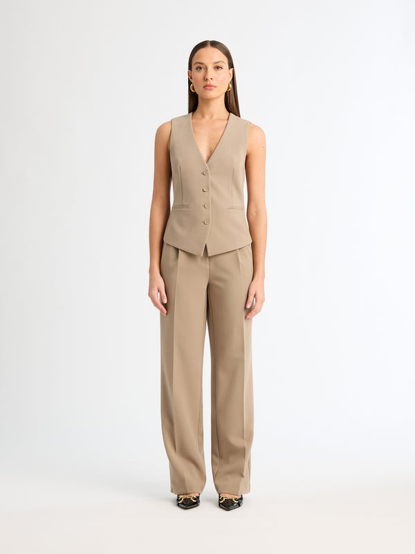CELESTE PANT TAUPE FRONT IMAGE STYLED WITH VEST