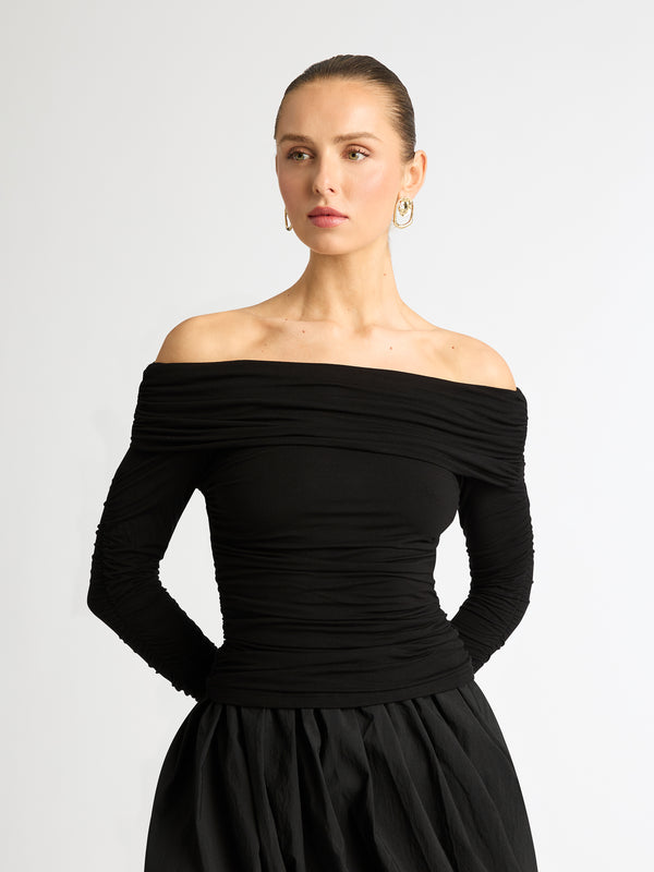 QUINN OFF SHOULDER LONG SLEEVE TOP IN BLACK DETAIL IMAGE