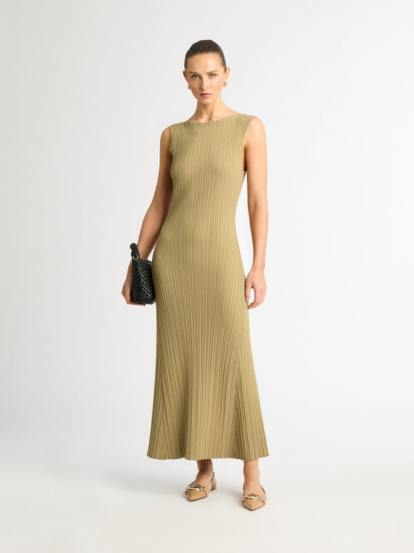 BYRON KNIT RIBBED DRESS IN SAGE FRONT IMAGE STYLED