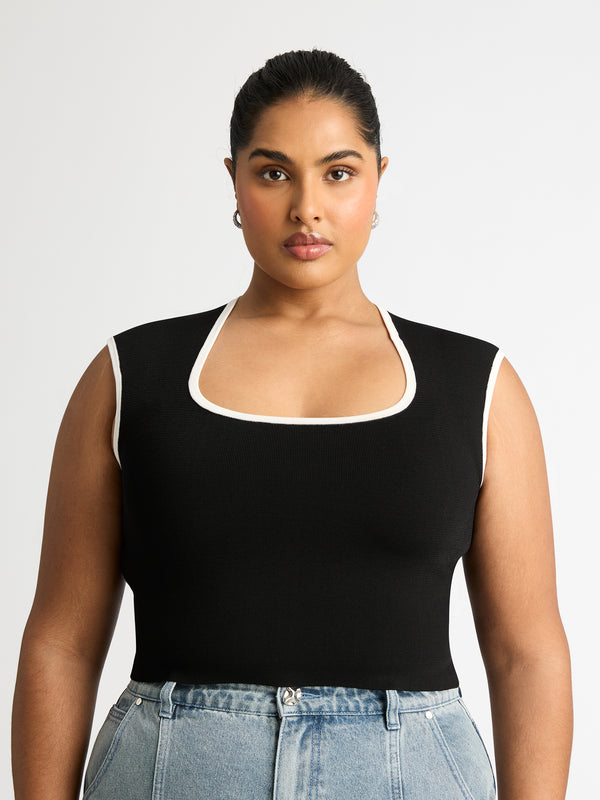 SENSATION TOP IN BLACK WITH WHITE BINDS DETAIL IMAGE SHANAYA