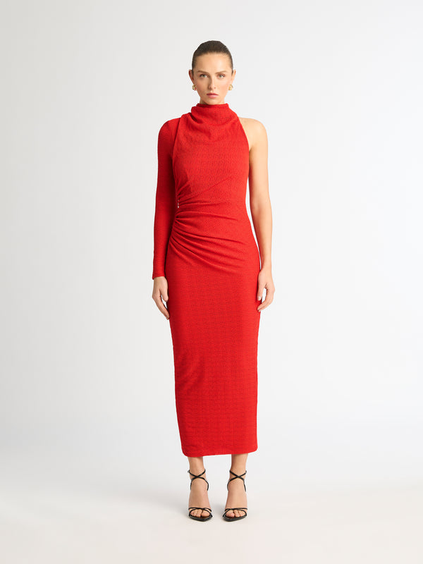EVERLY RUCHED MIDI DRESS RED FRONT IMAGE