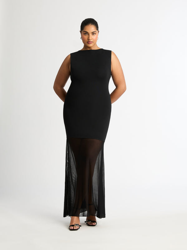 KATE MAXI KNIT DRESS WITH SHEER HEM IN BLACK FRONT IMAGE