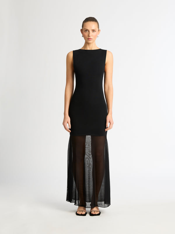 KATE MAXI KNIT DRESS WITH SHEER HEM IN BLACK FRONT IMAGE STAS