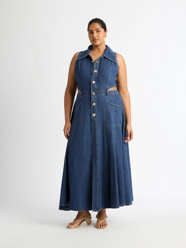 Size16 SHEIKE Maeve Denim Maxi Dress Blue 1007155 Front Image